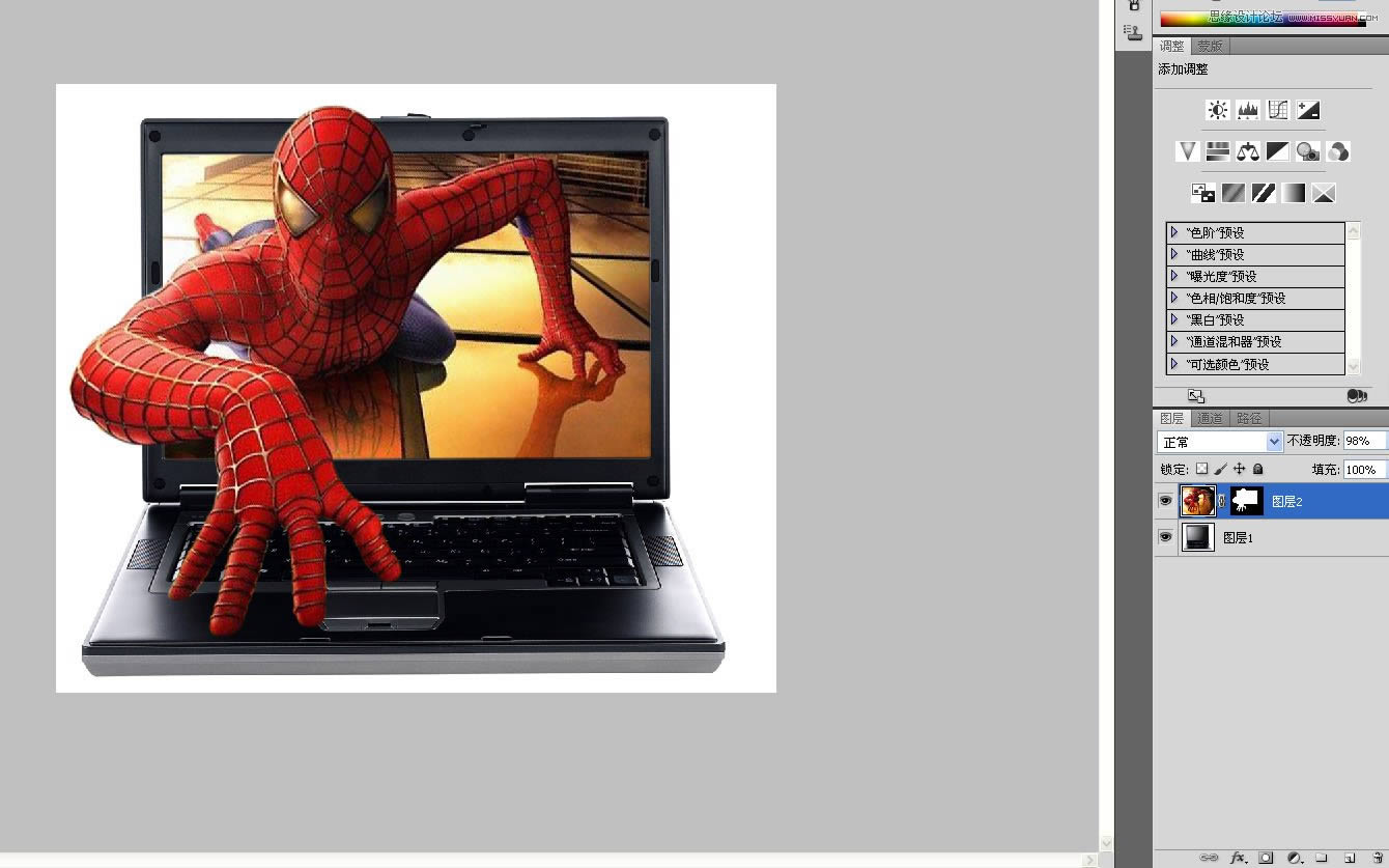 Photoshop制作蜘蛛俠沖出筆記本3D效果圖_PS圖片處理