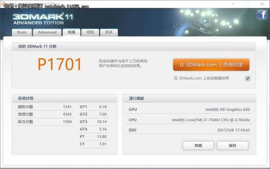 3D Mark 11 P環(huán)境得分為1701